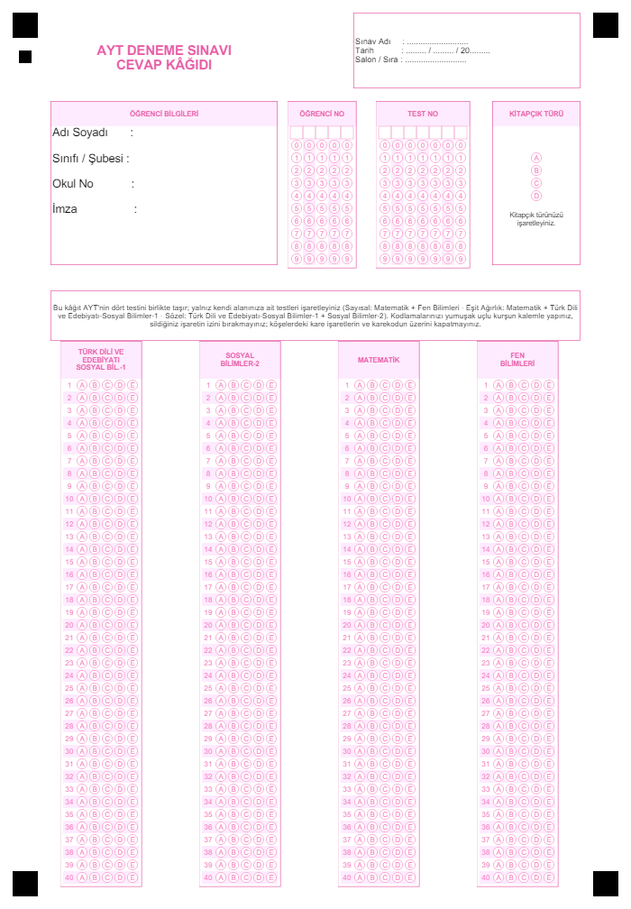 AYT optik form (cevap kâğıdı) önizlemesi