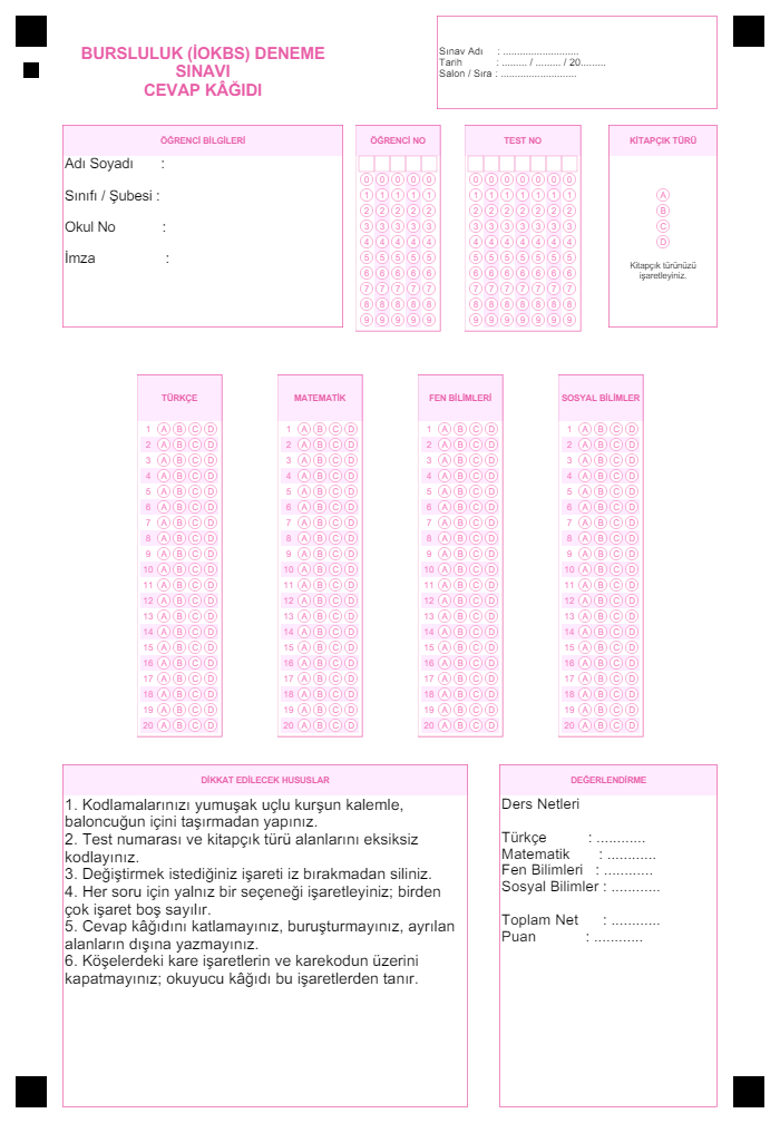 Bursluluk optik form (cevap kâğıdı) önizlemesi