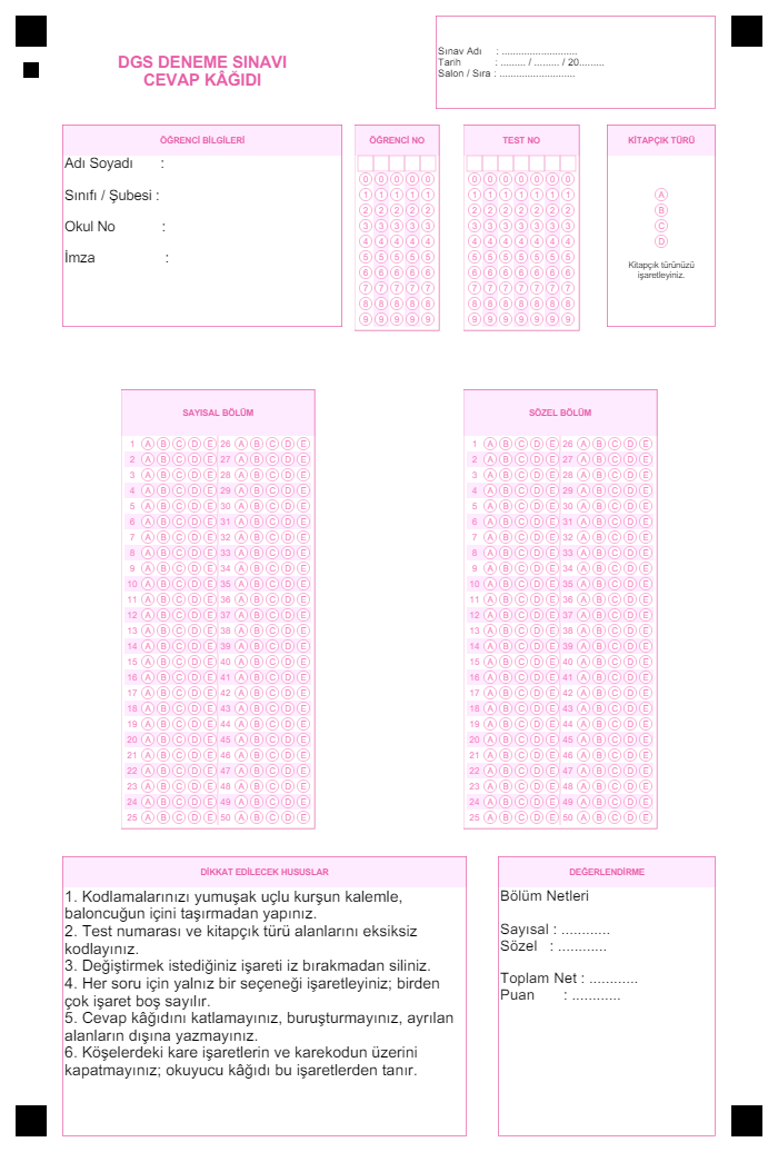 DGS optik form (cevap kâğıdı) önizlemesi
