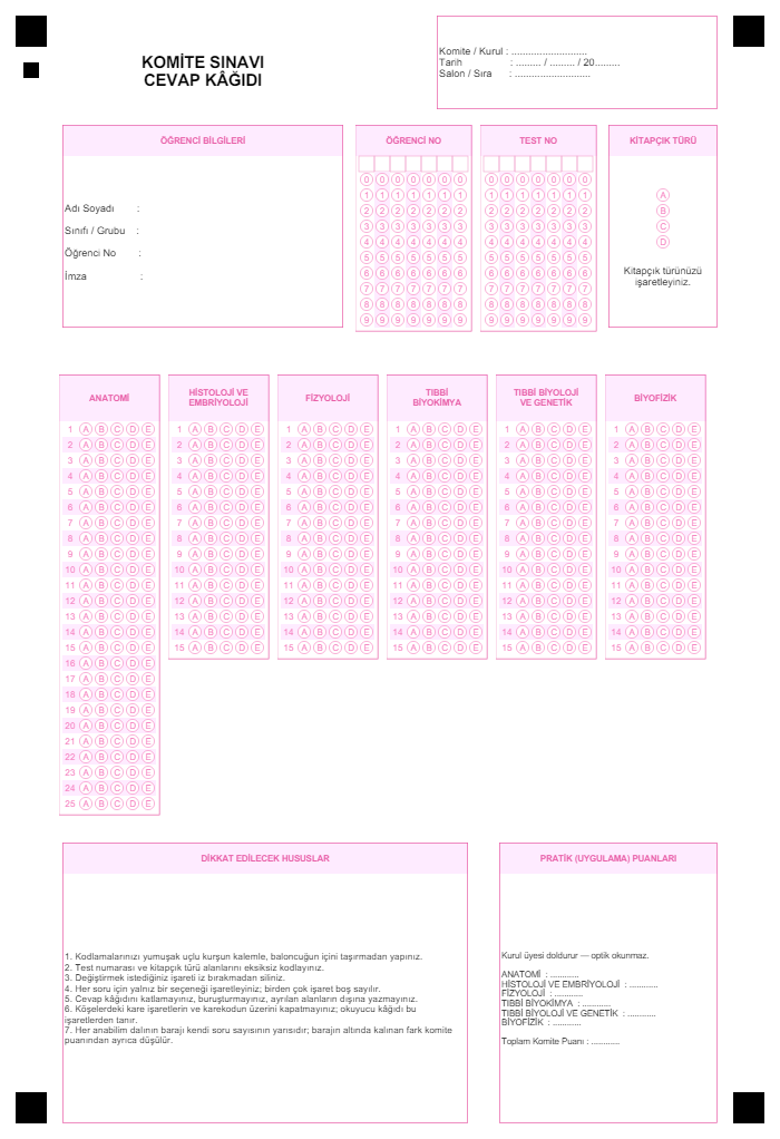 Komite Sınavı optik form (cevap kâğıdı) önizlemesi