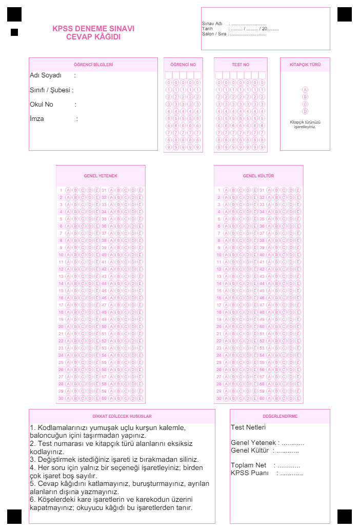 KPSS optik form (cevap kâğıdı) önizlemesi
