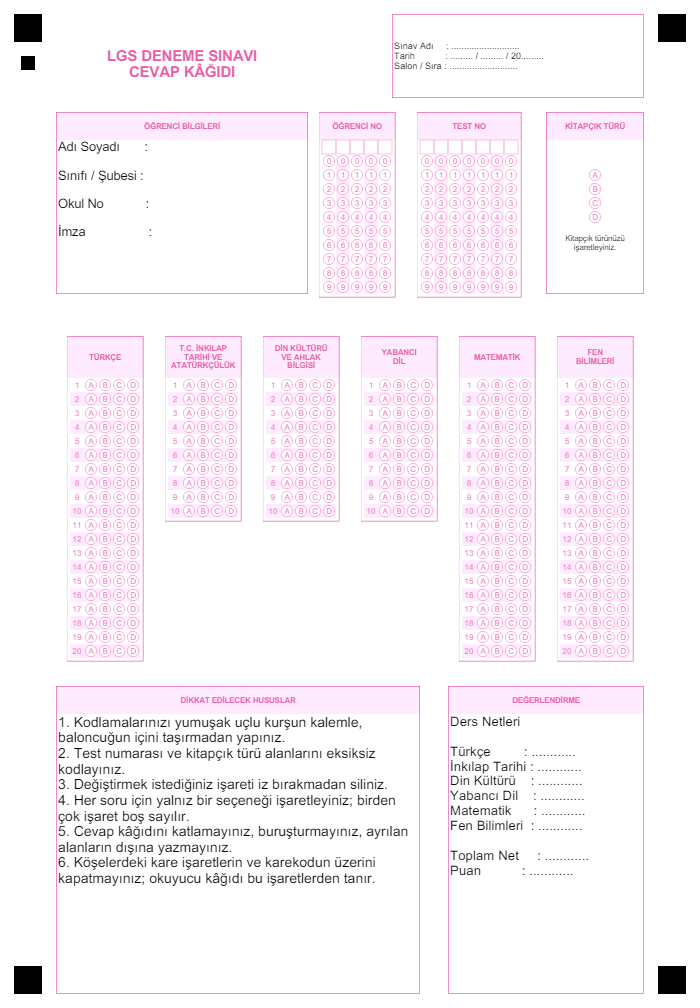 LGS optik form (cevap kâğıdı) önizlemesi
