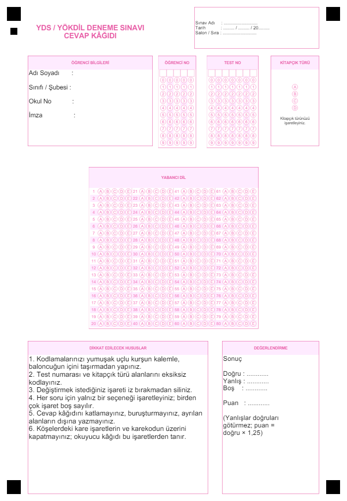 YDS / YÖKDİL optik form (cevap kâğıdı) önizlemesi