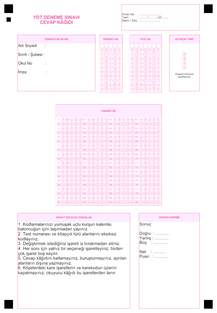 YDT optik form (cevap kâğıdı) önizlemesi
