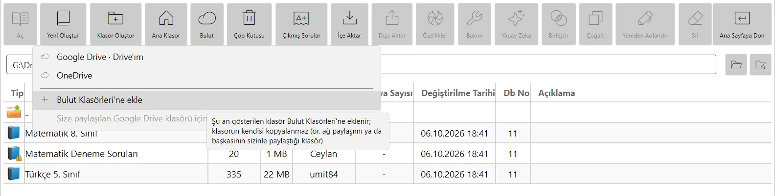 Bulut menüsü: Google Drive, OneDrive ve Bulut Klasörleri'ne ekle