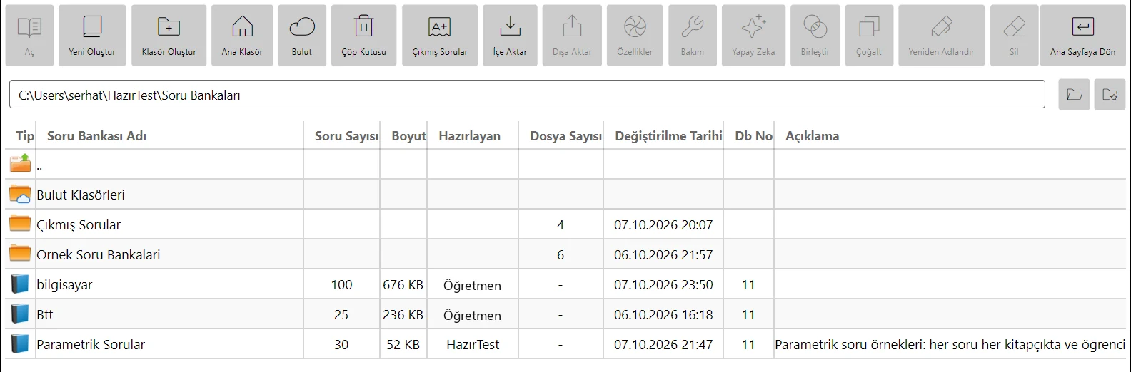 Soru Bankaları ana klasöründe Bulut Klasörleri satırı