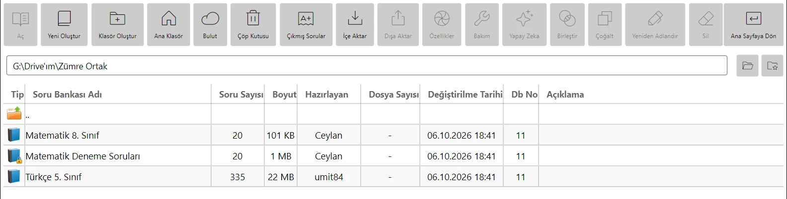 Paylaşılan klasördeki bankalar; kullanımdaki bankanın simgesinde kilit