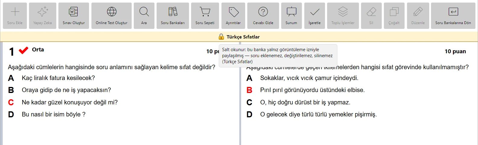 Salt okunur banka: amber başlık ve Salt okunur ipucu