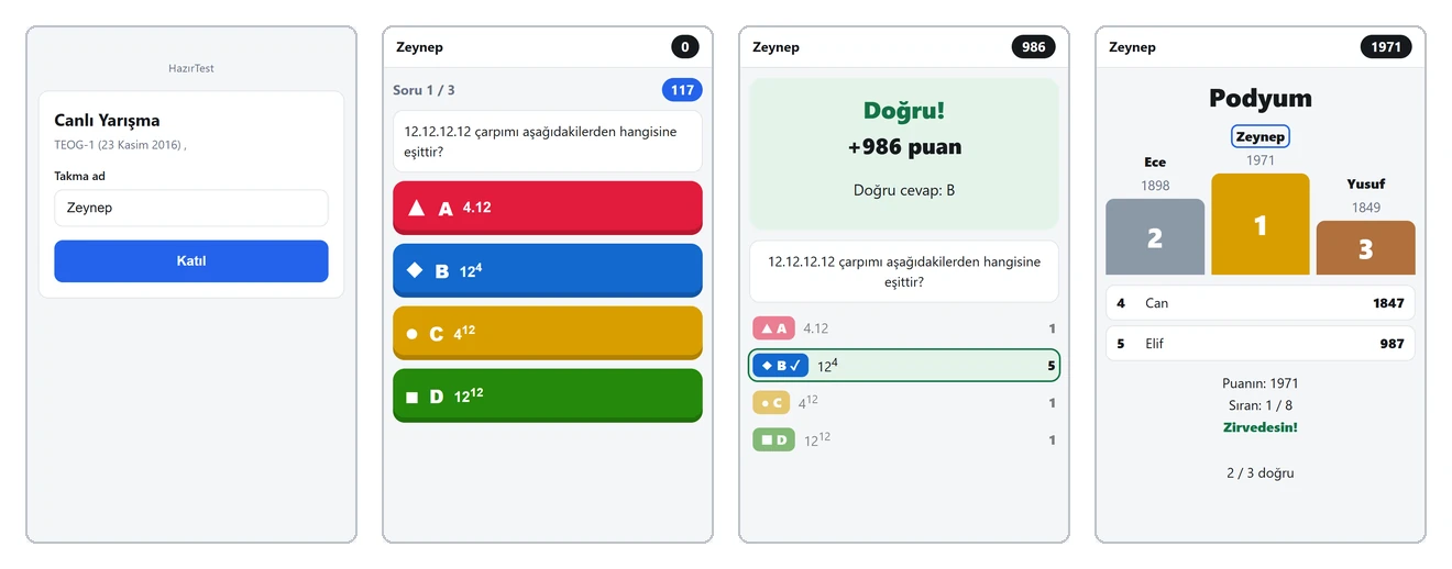 Öğrencinin telefonundaki dört ekran: katılma, soru ve şıklar, doğru cevap ve puan, podyum