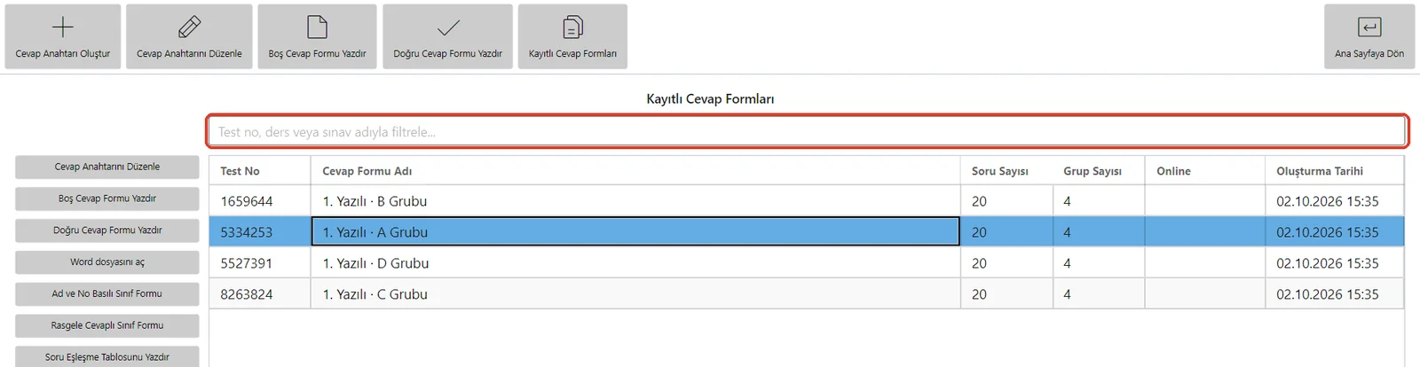 Kayıtlı Cevap Formları listesi ve filtre kutusu