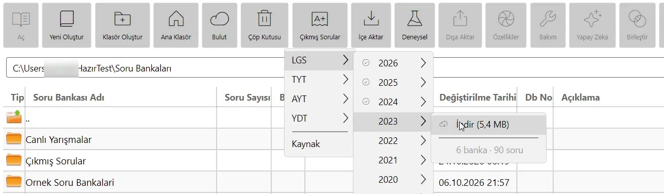 Çıkmış Sorular menüsü: LGS altında yıllar, 2023'ün alt menüsünde İndir (5,4 MB) ve 6 banka · 90 soru