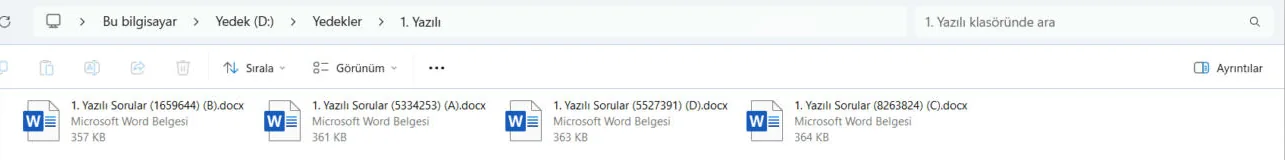 Klasörde A, B, C, D kitapçıklarının Word dosyaları