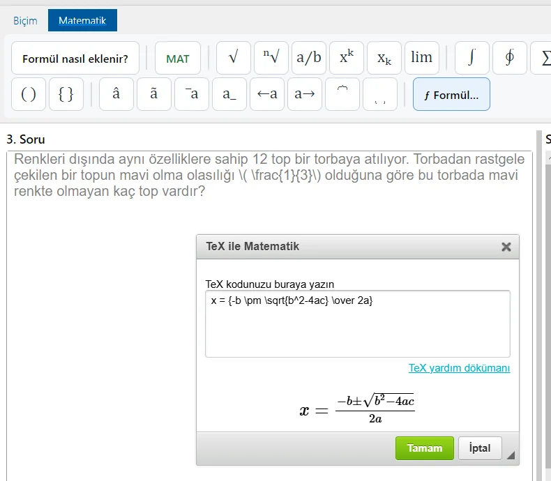 TeX ile Matematik penceresi: formül kodu ve canlı önizleme