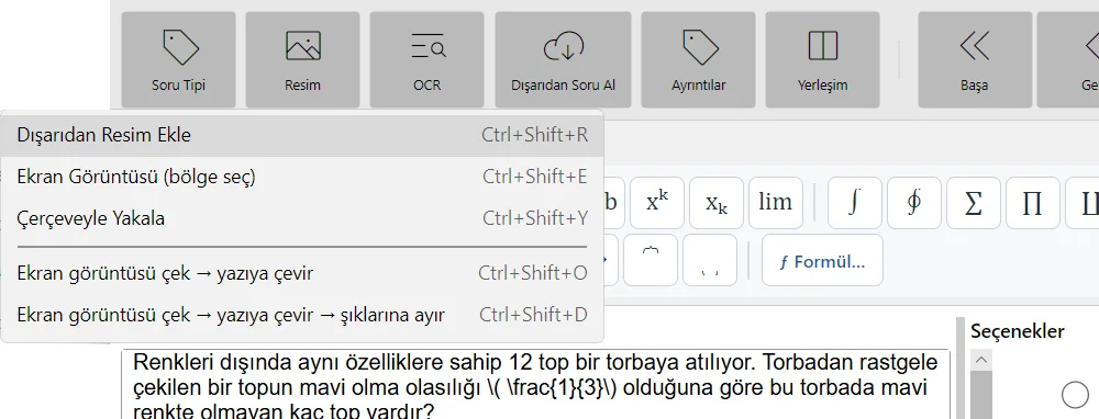 Resim menüsü: Dışarıdan Resim Ekle, Ekran Görüntüsü, Çerçeveyle Yakala ve yazıya çevirme seçenekleri