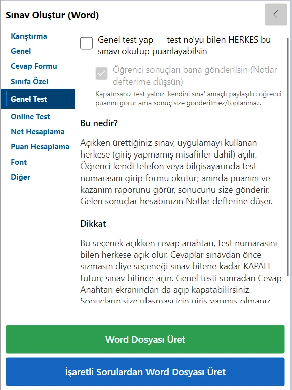 Sınav Oluştur paneli, Genel Test sekmesi: Genel test yap ve Öğrenci sonuçları bana gönderilsin kutuları