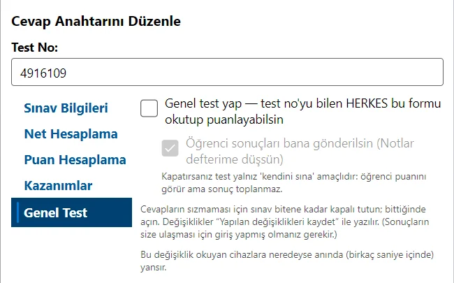 Cevap Anahtarını Düzenle ekranında Genel Test sekmesi