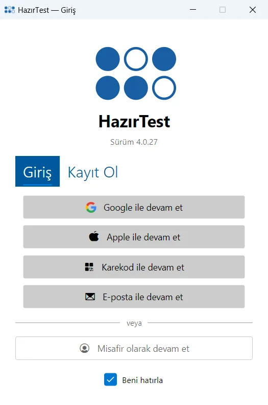 Giriş penceresi: Google, Apple, Karekod, E-posta ve Misafir seçenekleri