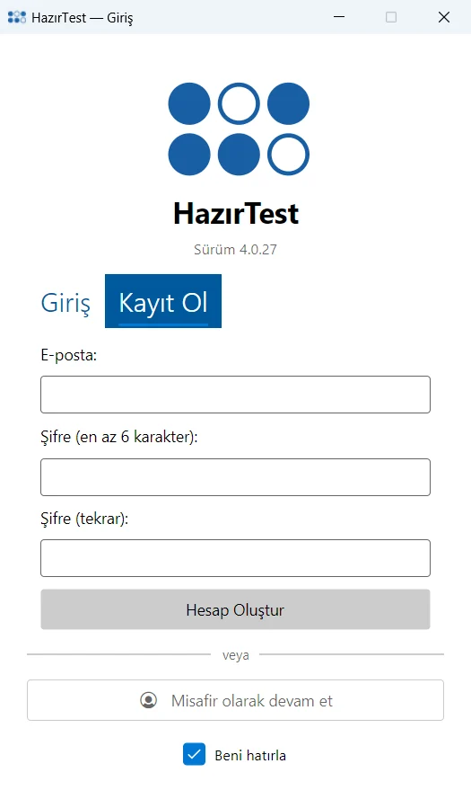 Kayıt Ol sekmesi: e-posta ve şifre alanları, Hesap Oluştur düğmesi