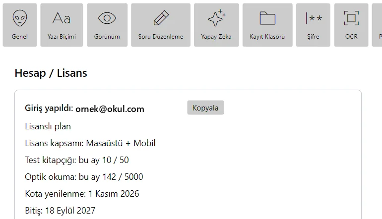 Ayarlar > Hesap: plan ve kullanım sayaçları