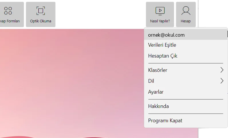 Hesap menüsü: Verileri Eşitle, Hesaptan Çık