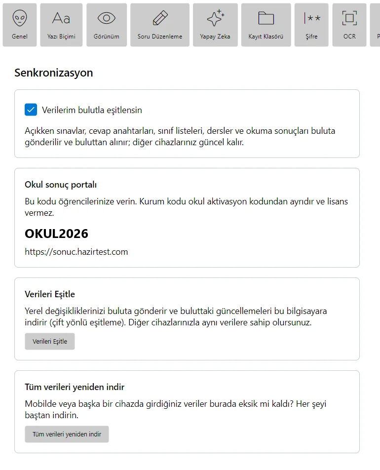 Ayarlar > Senkronizasyon bölümü