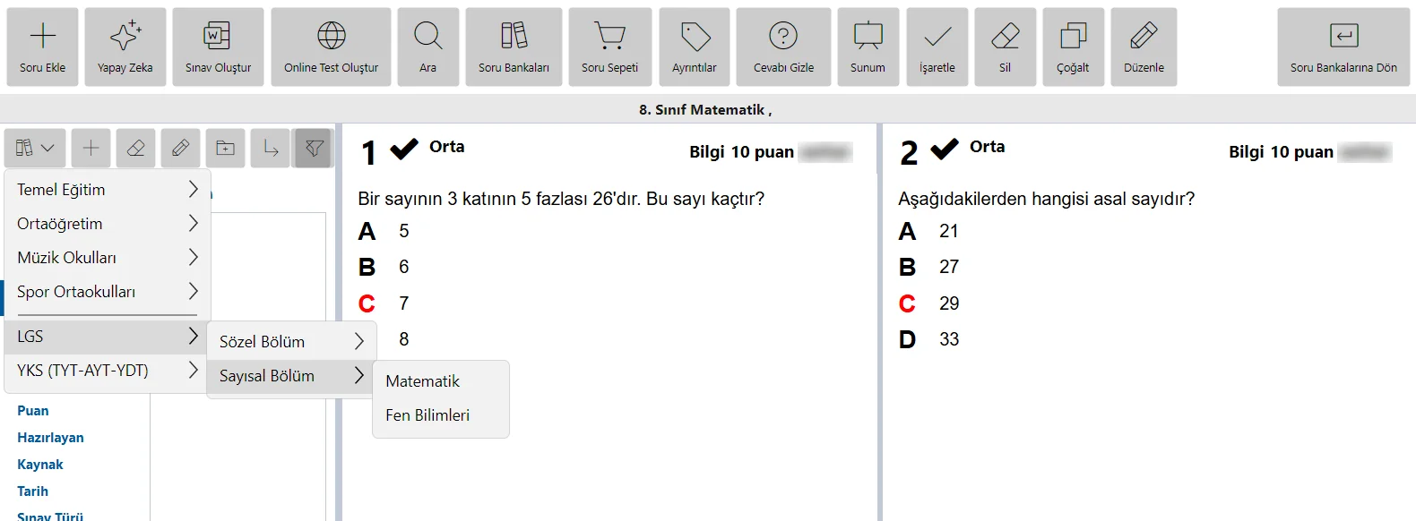 Hazır kazanım listeleri menüsü: LGS, Sayısal Bölüm, Matematik