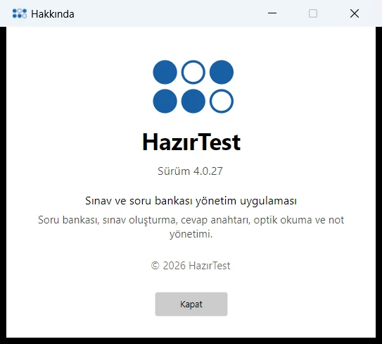 HazırTest Hakkında penceresi: Sürüm 4.0.27