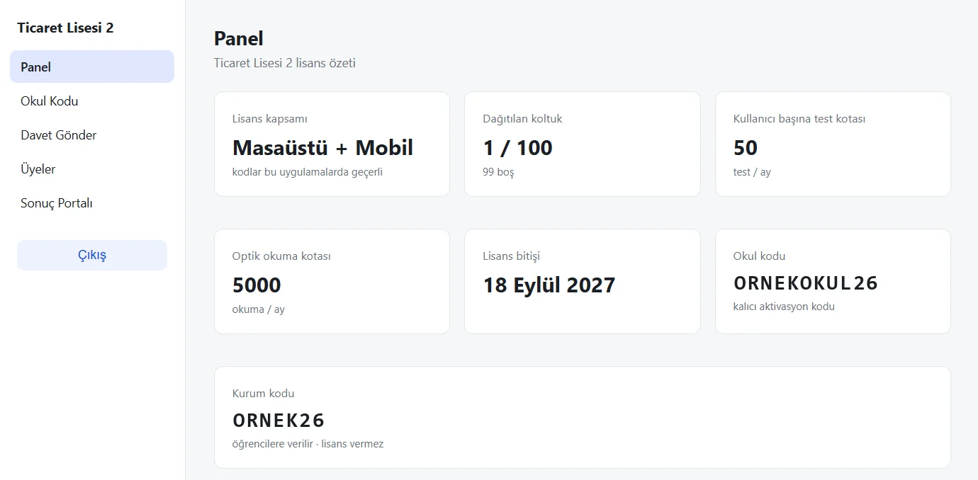 Okul yönetim paneli: lisans kapsamı, dağıtılan koltuk, kotalar, lisans bitişi, okul kodu ve kurum kodu