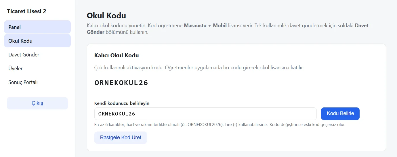 Okul Kodu sayfası: kalıcı okul kodu, Kendi kodunuzu belirleyin kutusu ve Rastgele Kod Üret düğmesi