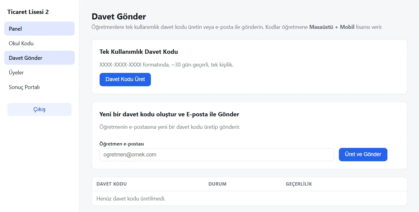 Davet Gönder sayfası: Davet Kodu Üret, e-posta ile gönderme ve davet kodları tablosu