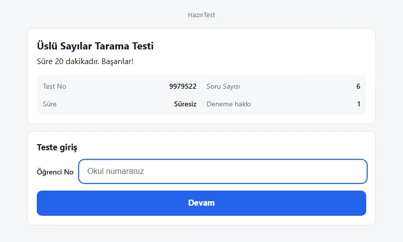 Öğrencinin tarayıcıda gördüğü giriş ekranı