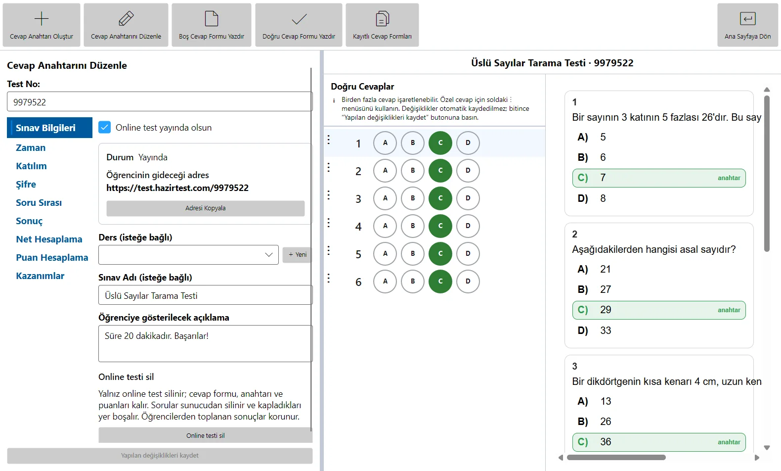 Cevap anahtarı ekranında online test durumu, adresi ve silme düğmesi