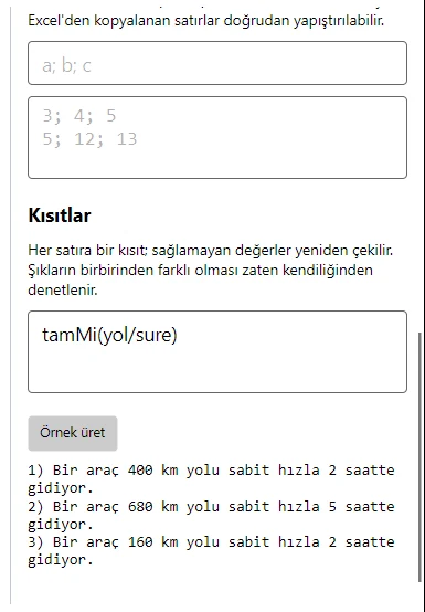 İlişkili metin panelinde Kısıtlar kutusu ve Örnek üret sonucu: metin üç farklı yol ve süre değeriyle