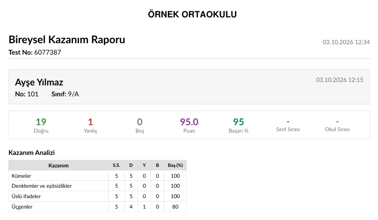 Bireysel Kazanım Raporu örneği