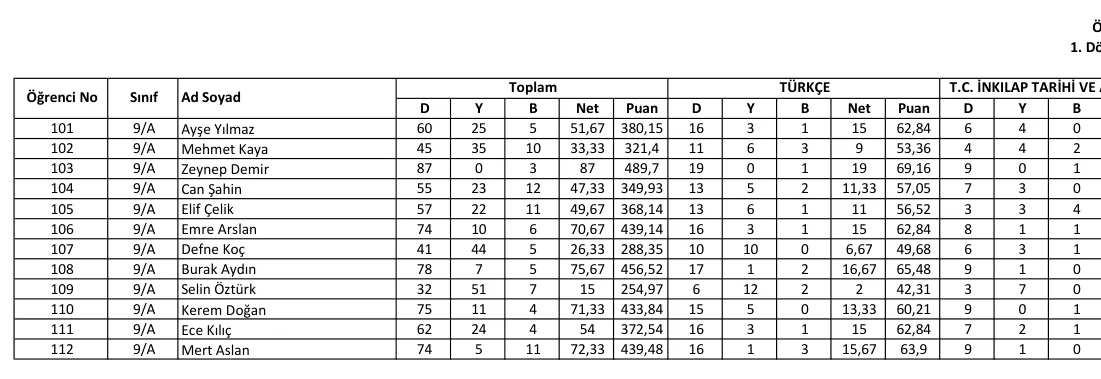 Deneme Sonuçları (Excel) örneği