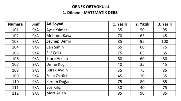 Notlar (Excel) örneği