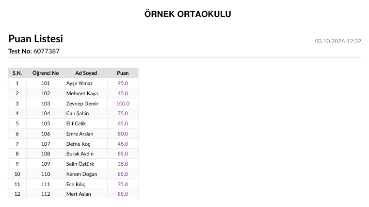 Puan Listesi örneği