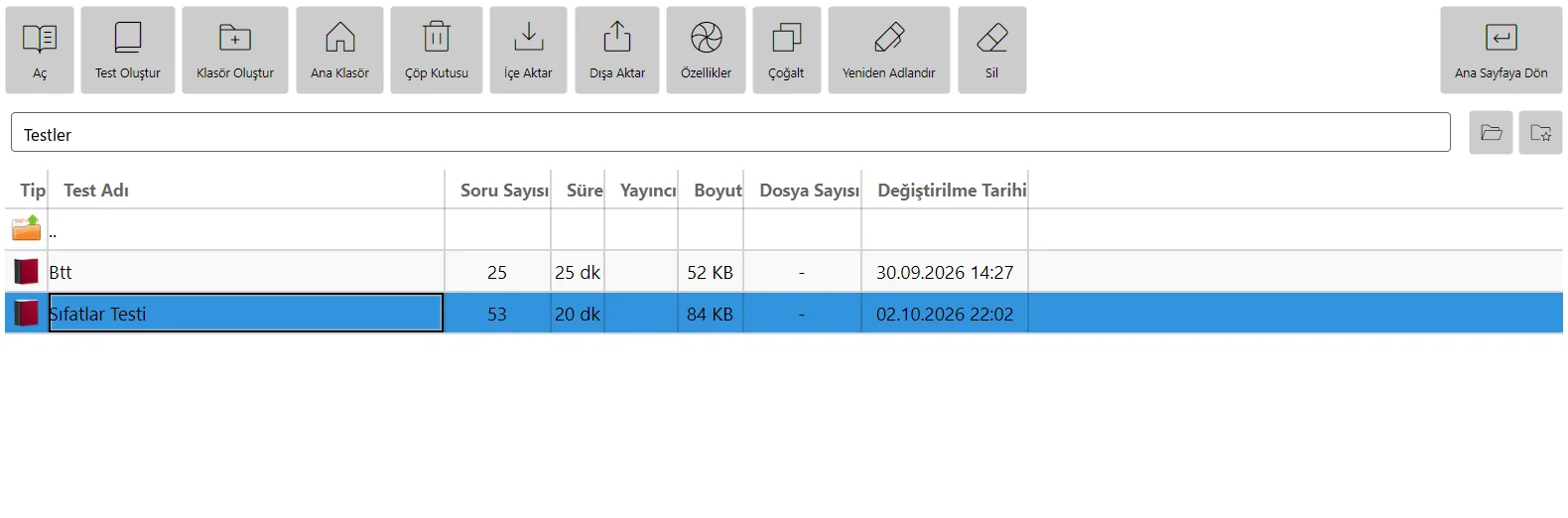 Testler ekranı: test dosyaları listesi