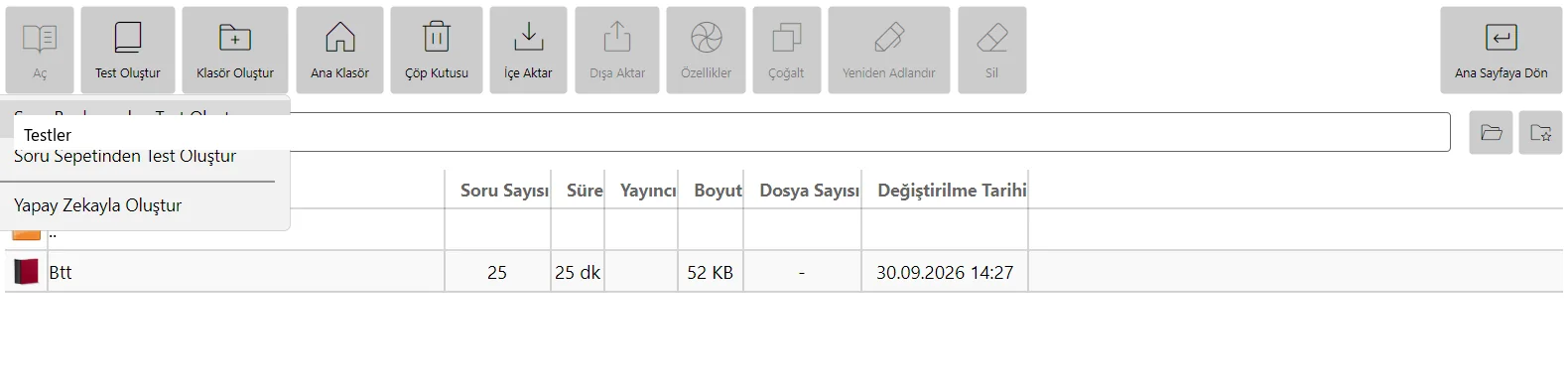 Test Oluştur menüsü: soru bankasından, sepetten ya da yapay zekayla
