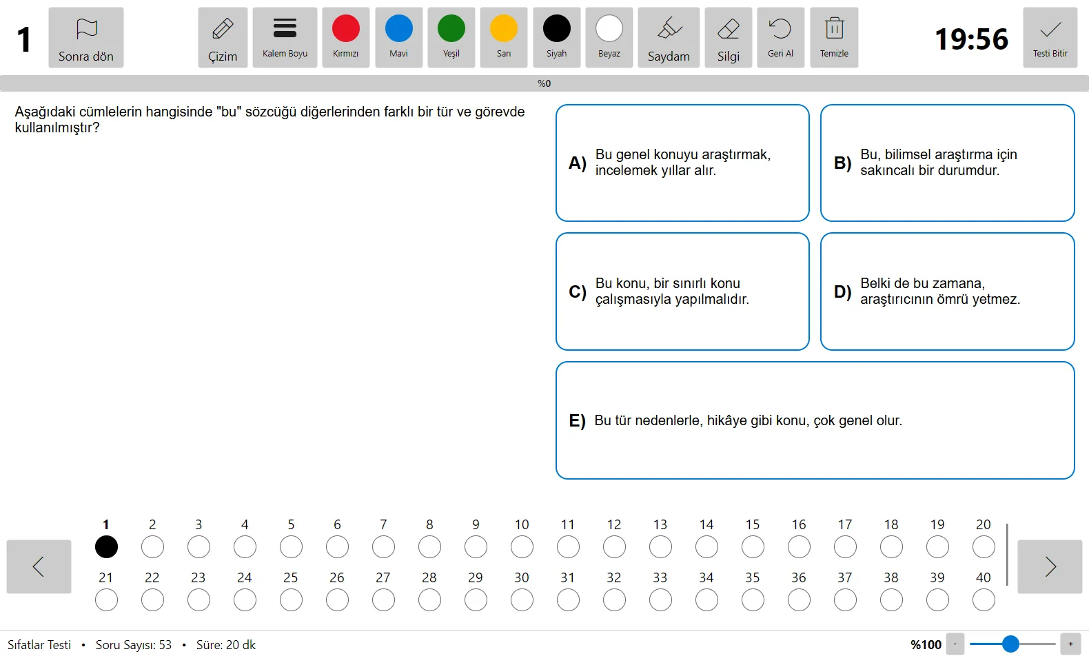 Test çözme ekranı: soru, şıklar, soru gezgini ve süre