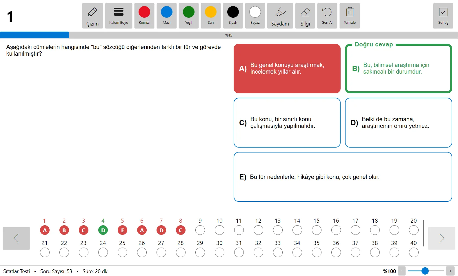 Cevapları inceleme: verilen yanlış cevap ve doğru cevap işaretli