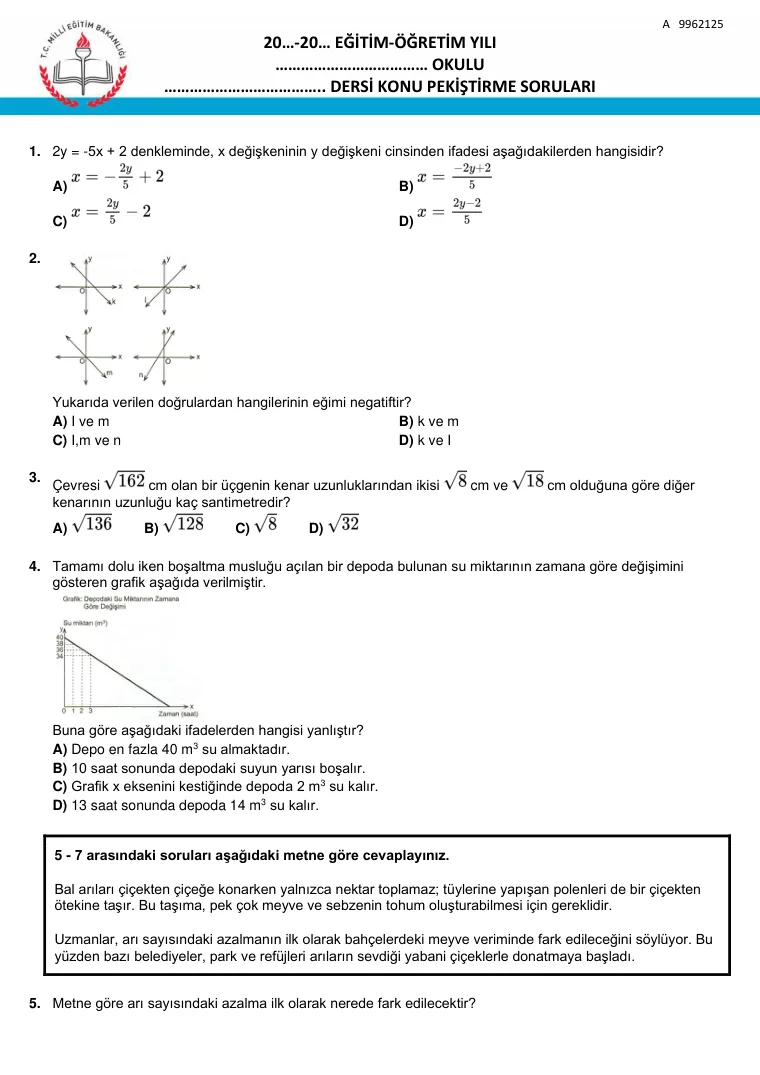 Tek sütunlu sınav kâğıdı örneği