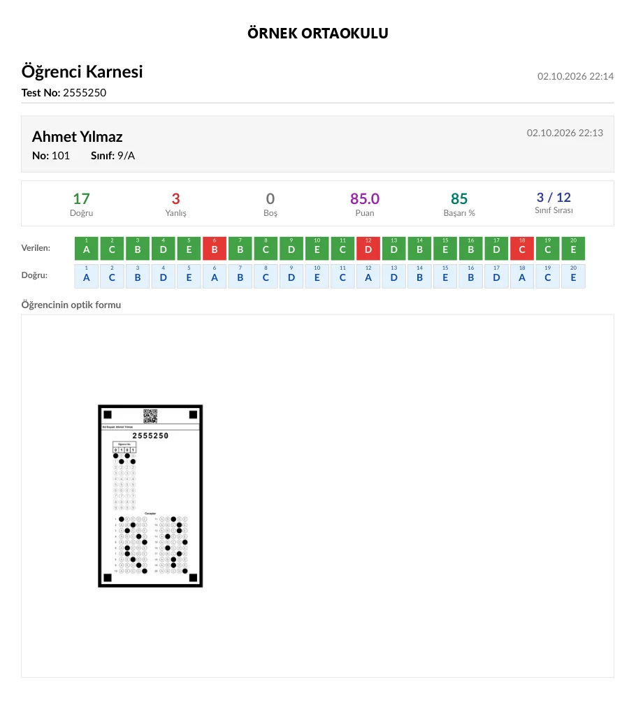 Öğrenci Karnesi: sonuç özeti, verilen ve doğru cevaplar, optik form görüntüsü