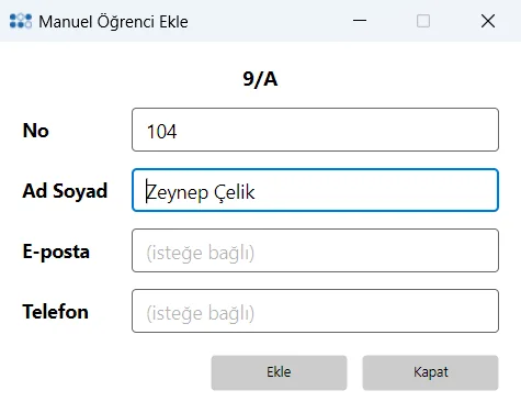 Manuel Öğrenci Ekle penceresi