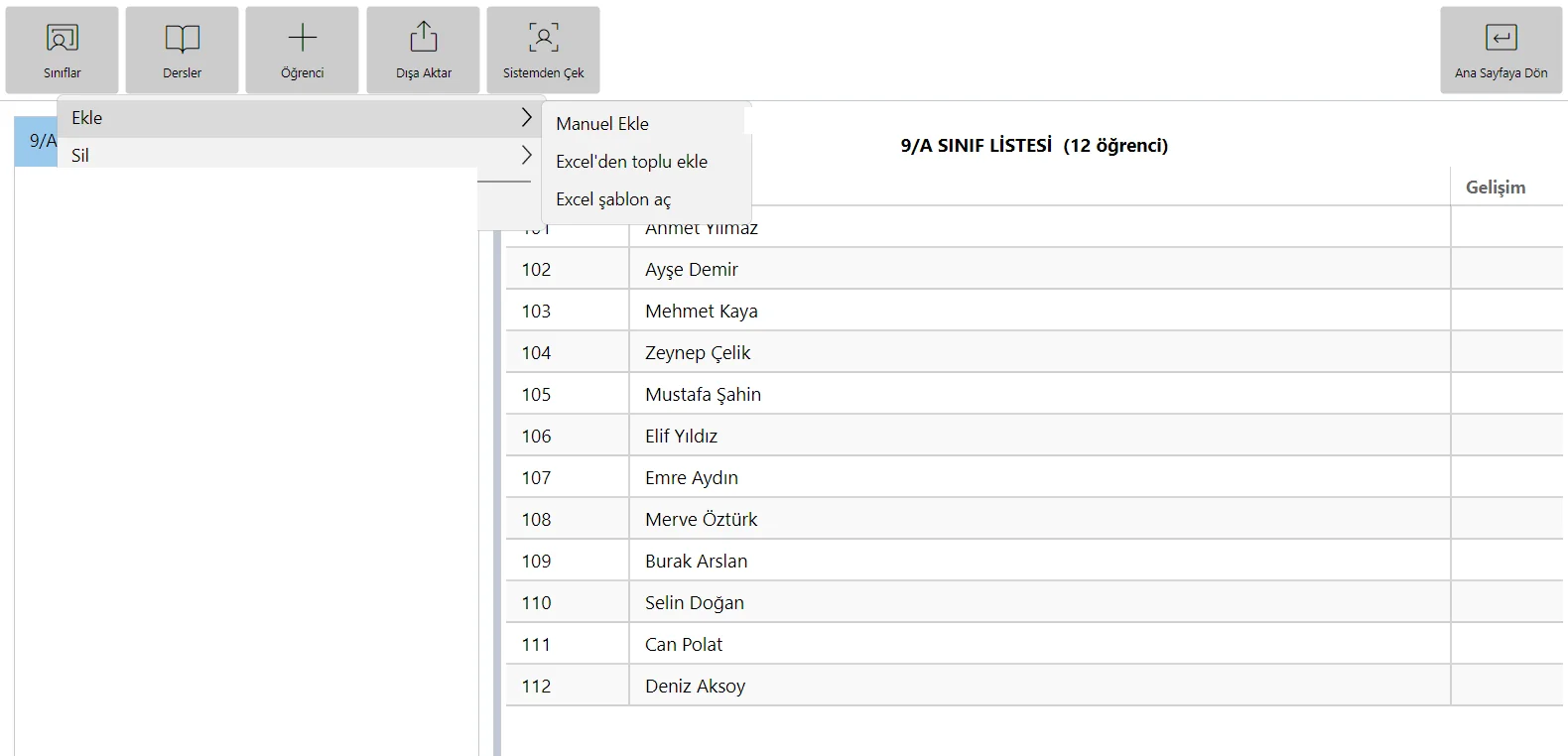 Öğrenci menüsü: Manuel Ekle, Excel'den toplu ekle, Excel şablon aç