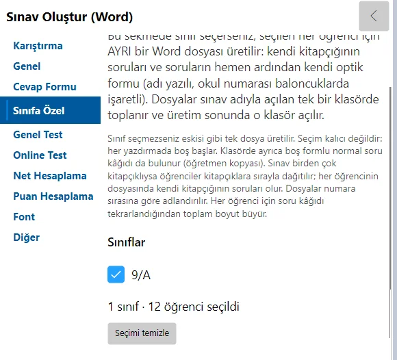 Sınıfa Özel sekmesi: 9/A seçili, 1 sınıf ve 12 öğrenci