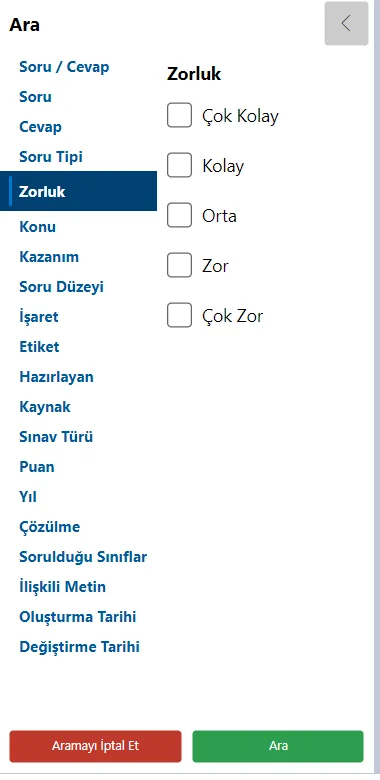 Ara panelinde Zorluk bölümü: Çok Kolay'dan Çok Zor'a onay kutuları