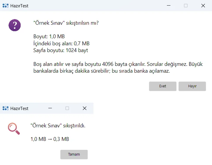 Sıkıştırma onayı ve sonucu: 1,0 MB'tan 0,3 MB'a