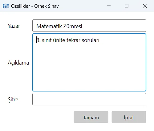 Özellikler penceresi: Yazar, Açıklama ve Şifre