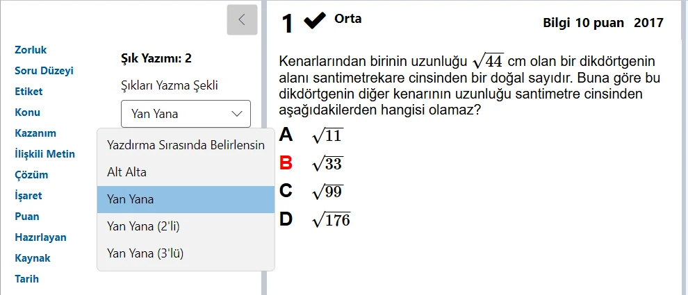 Şık Yazımı sekmesi açık: Yazdırma Sırasında Belirlensin, Alt Alta, Yan Yana, Yan Yana (2'li), Yan Yana (3'lü)